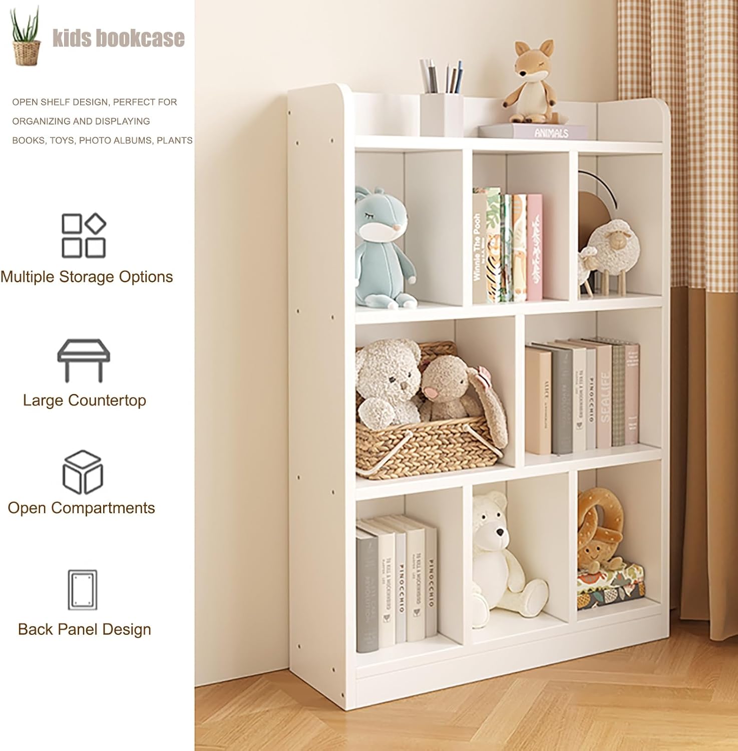 Short Bookshelf with Cabinet 2/3-Tier Geometric Bookcase, Modern Display Storage Shelves Kids Bookcase with Side Panels and Solid Wood Frame(White,100 * 24 * 86cm/39.4 * 9.4 * 34in)