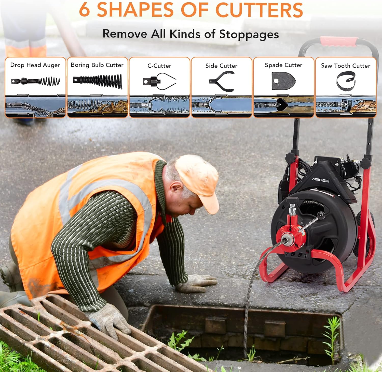 PIONEERWORKS 100Ft x 3/8In Drain Cleaner Machine, Auto-feed Electric Drain Auger Professional 6.8A, Air-Activated Foot Switch, with 6 Cutters, Glove, Drain Auger Cleaner Sewer Snake