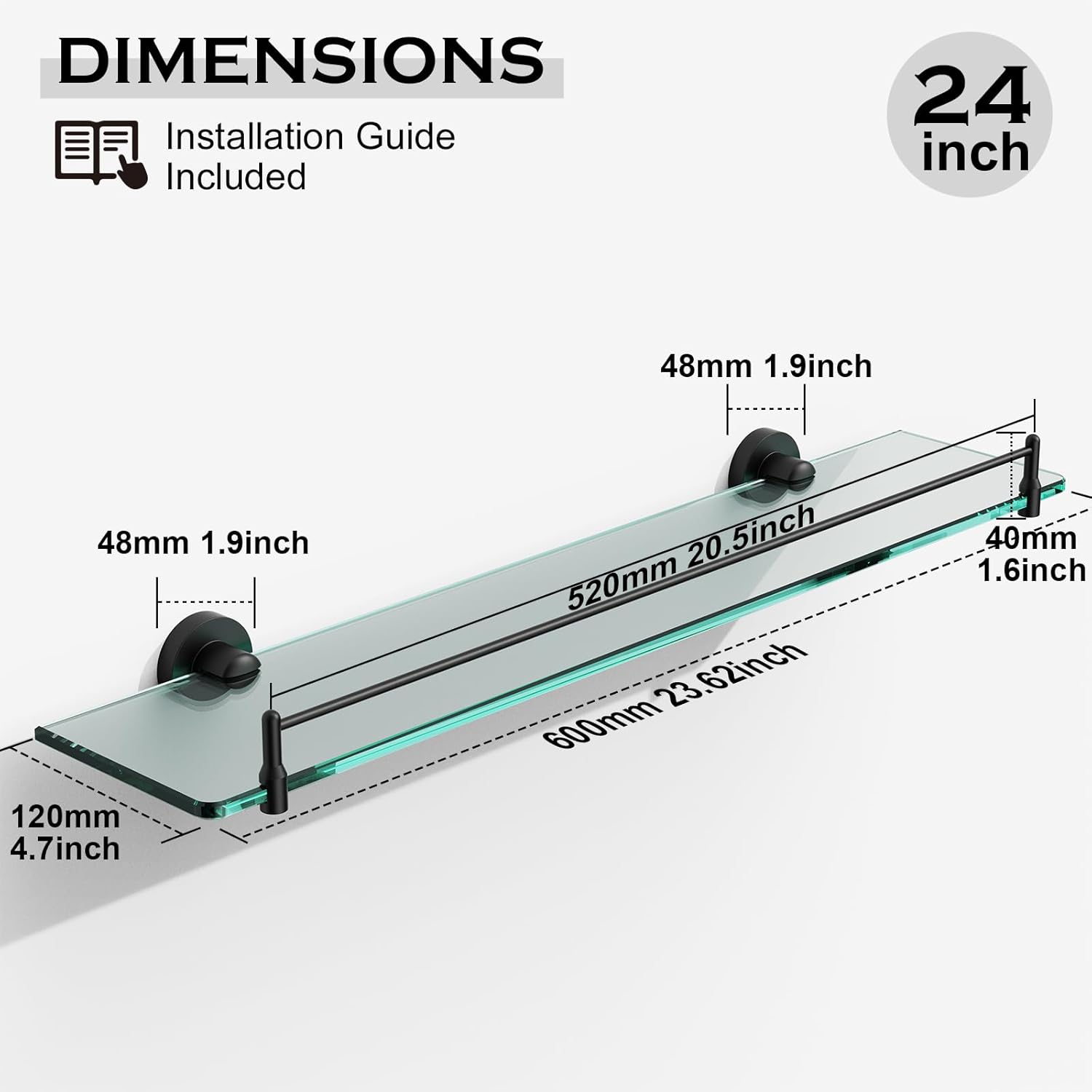 Bathroom Shelf Glass Shelf 2 Pack,24-Inches Floating Glass Shelves Towel Bar/Track(Matte Black)