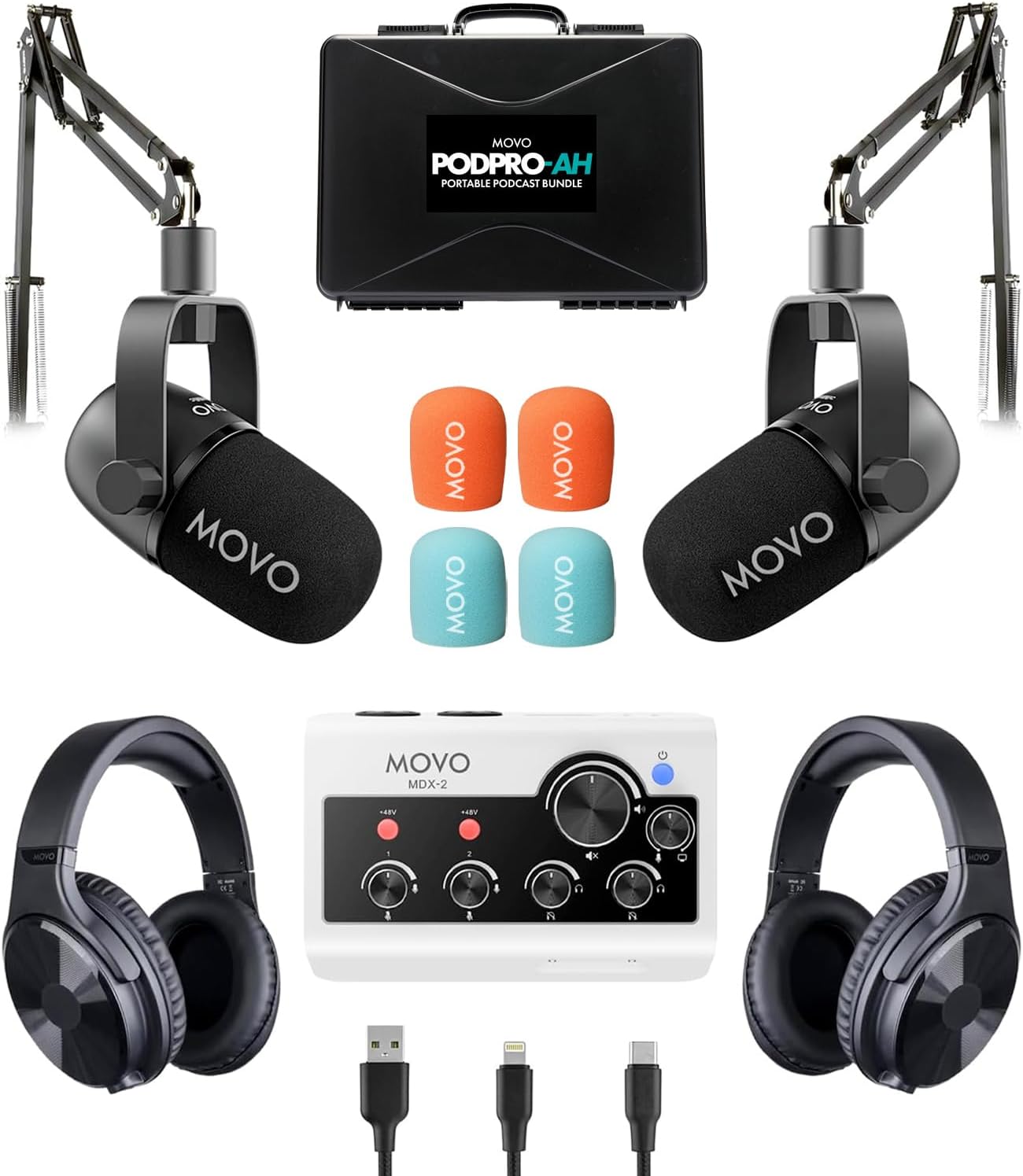 Movo Portable Podcast Equipment Bundle for iPhone/Android Phones- Podcast Kit with Audio Interface, 2 CastMic Dynamic Mics, 2 Headphones, 2 Boom Arms - for Smartphones, Computers, PC and Mac