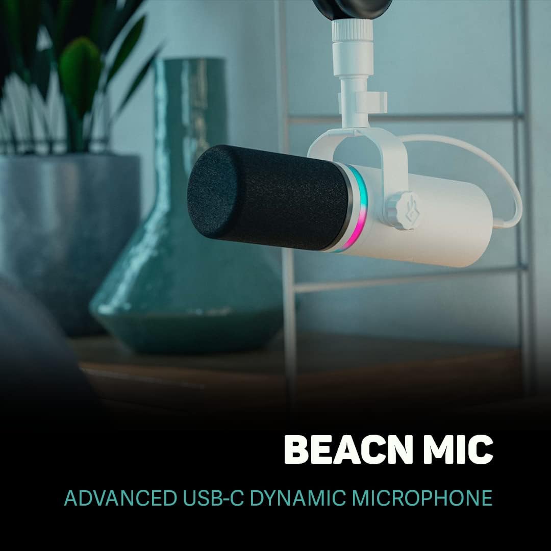 BEACN Light Dynamic USB Mic for PC with The White Mic Stand - Professional Microphone for Podcasts, Gaming and Streaming with Studio-Quality Low Profile Adjustable Micrphone Arm