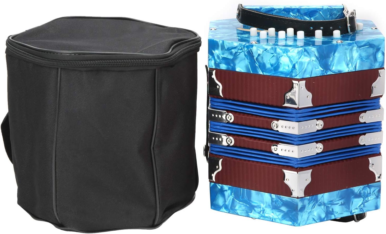 Mini 17 - Key Anglo Concertina Accordion for Adults and Beginners, Blue Portable Wooden Squeeze Box - Adjustable Strap, Lightweight, for Zydeco and Folk Music (Blue)