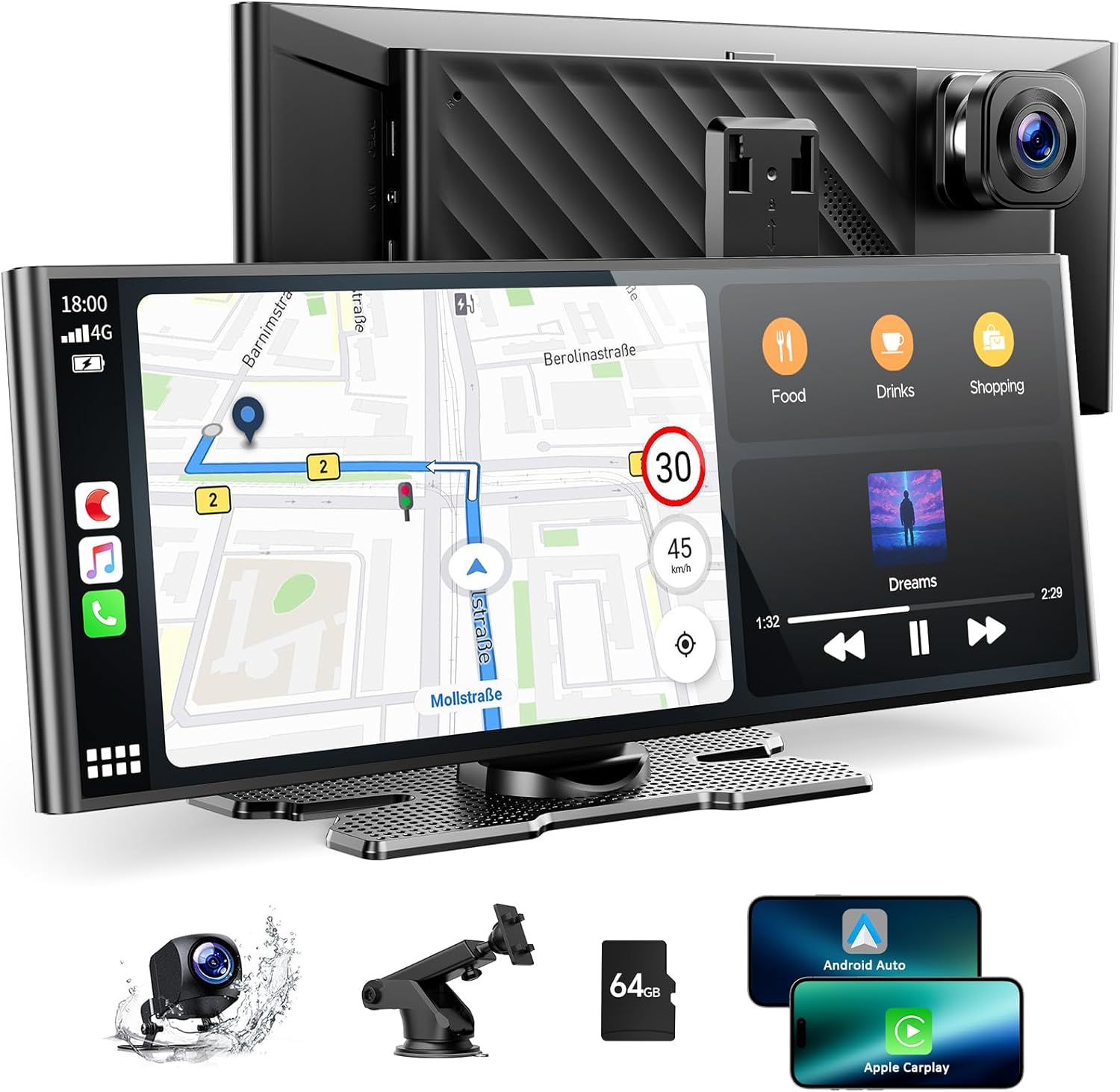 Volam 9.26'' Carplay Screen for Car with 4K Dash Cam, Compatible with Apple Carplay & Android Auto, Carplay with 1080p Backup Camera, Mirror Link, Loop Recording, GPS Navigation