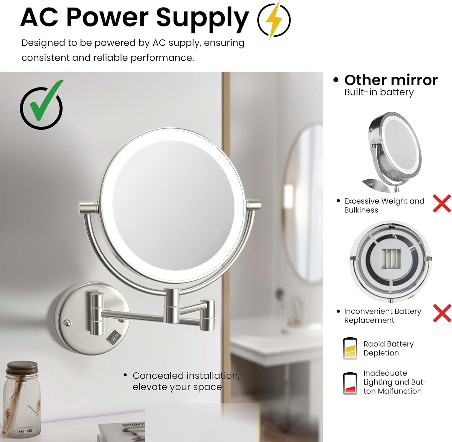 KIBI Circular Wall Mount Makeup Mirror with LED Lights, Dual-Sided 1x/5x Magnifying Mirror with Adjustable Arm, 360° Swivel, Solid Brass Construction for Durability and Style (Brushed Nickel, KMM101)