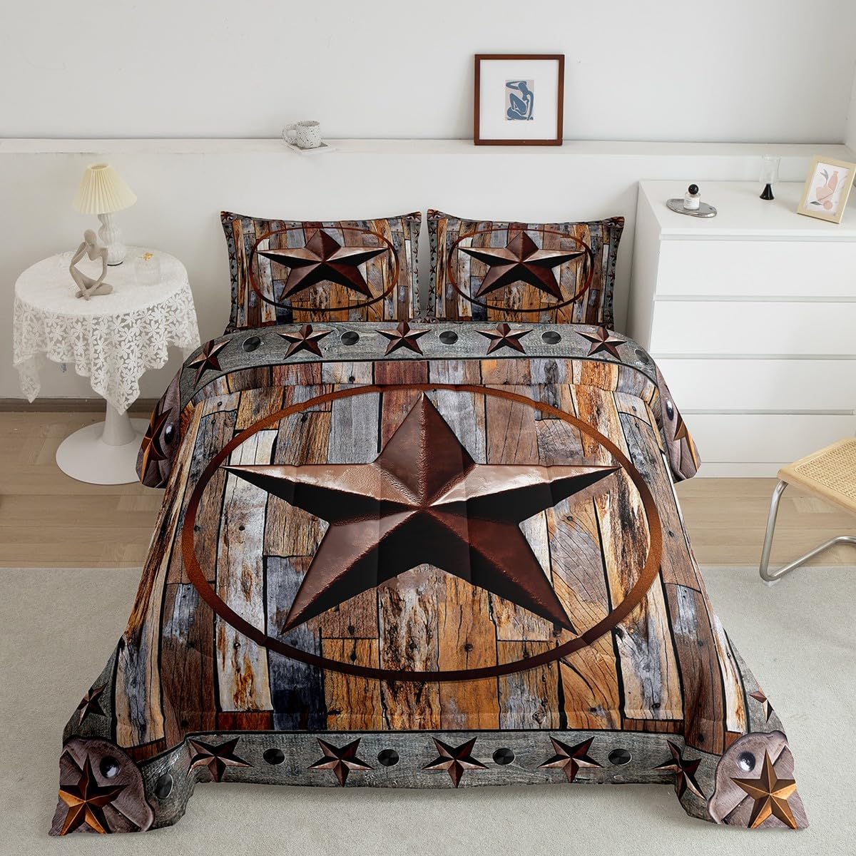 Feelyou Western Texas Star Comforter Rustic Wood Grain Comforter Set for Boys Girls Children Rustic Farmhouse Bedding Set Vintage Style Duvet Set Room Decor Quilt Set King Size