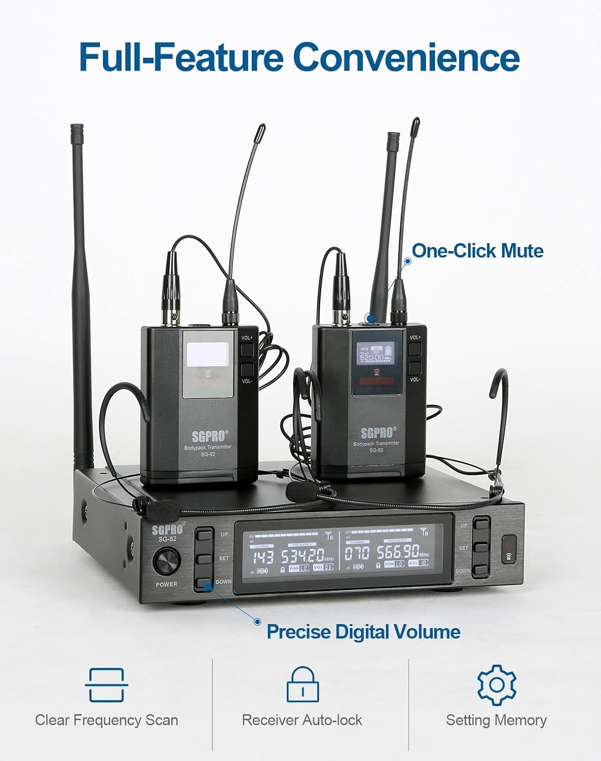 Dual Wireless Microphone System - Metal Transmitter & Receiver, 520-590 MHz Adjustable Frequency, Antenna Diversity, Superior Sound Quality, Ideal for Professional Audio and Events (SG-82BB)