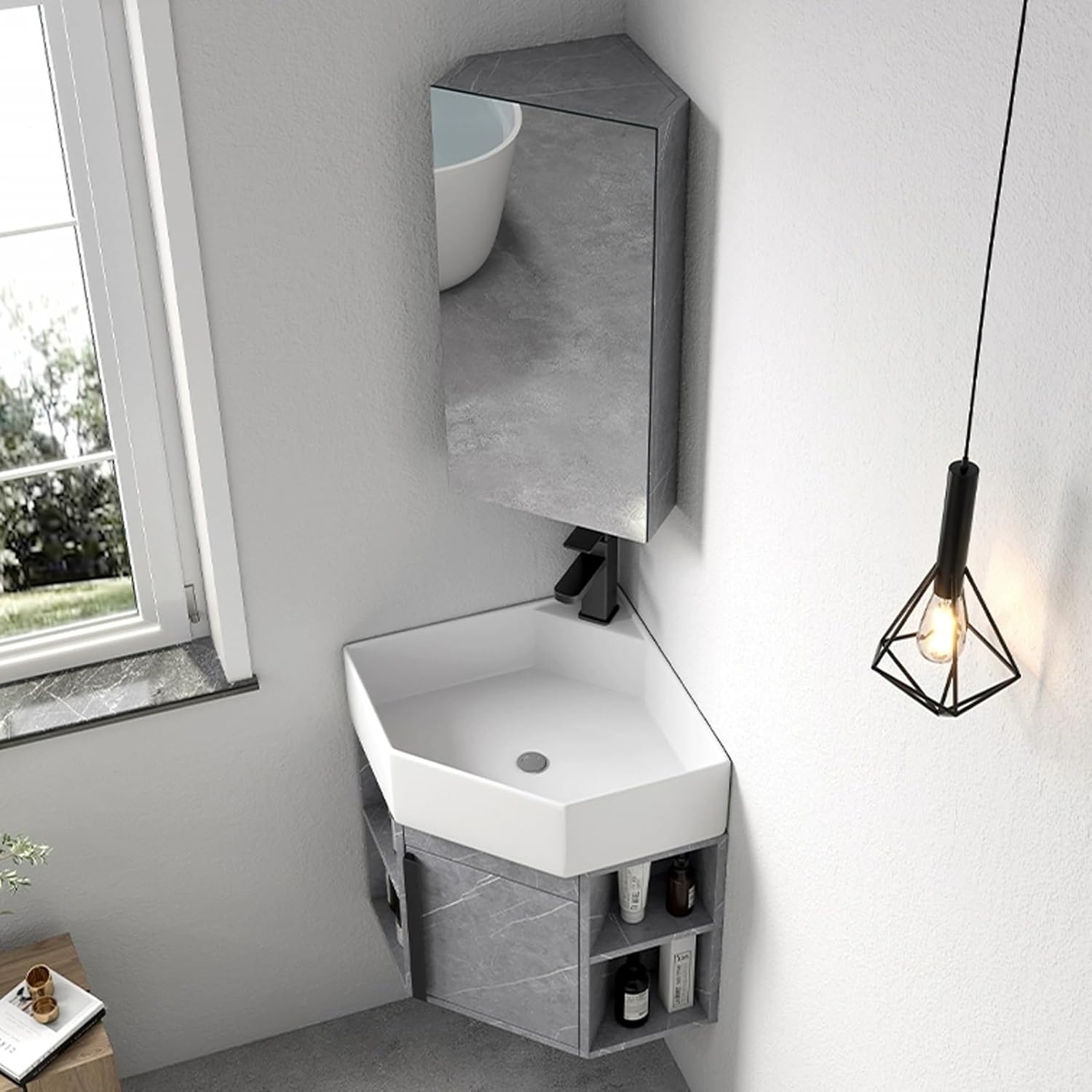 Corner Wall Mount Bathroom Sink, Corner Bathroom Vanity, Bathroom Sink Cabinets, Ceramic Corner Sink with Storage Container and Mirror Cabinet, for Kitchen Bathroom Lavatory(Gray,45cm/17.7in)