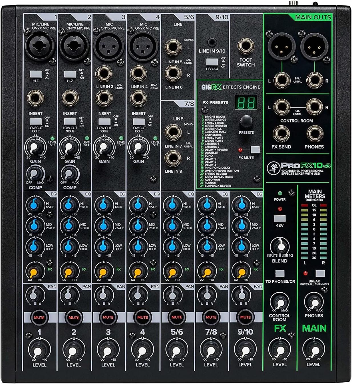 Mackie ProFX10v3 Unpowered 10-Channel FX USB Mixer Bundle - Includes Knox Gear TX-100 Closed-Back Studio Monitor Headphones, 1/4