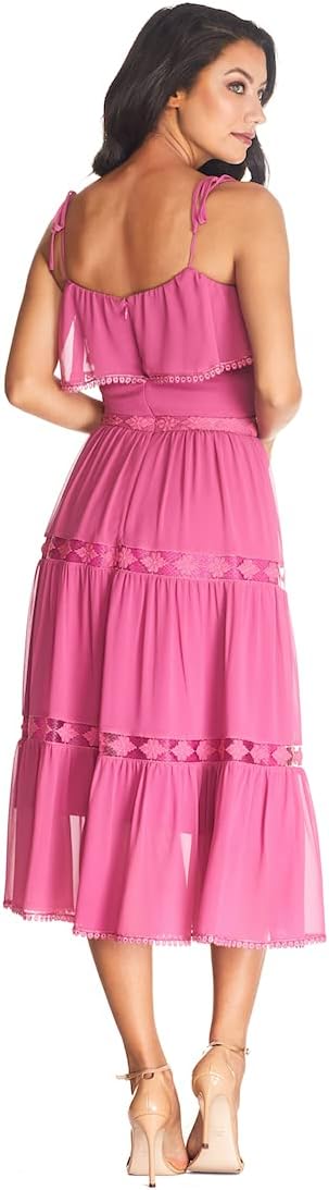 Dress the Population Women's Dream Sleeveless Ruffle Bodice Lace Insert Tiered Skirt Midi Dress