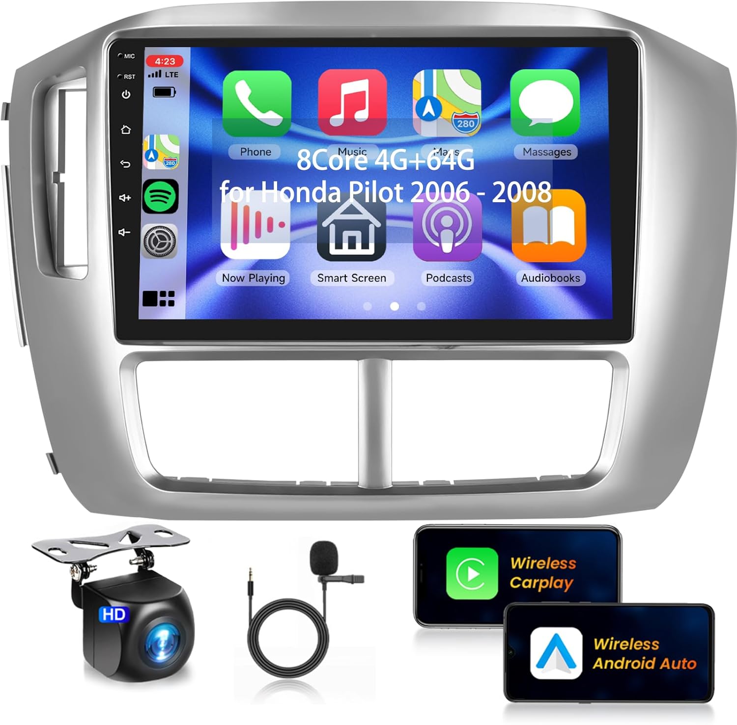 8Core 4G 64G Radio for Honda Pilot 2006 2007 2008 Car Stereo with 9inch 1280x720P QLED Touchscreen Wireless Car Play Android Auto DSP 46EQ 5.0Bluetooth 59UIs RDS FM RDS WiFi AHD Backup Camera