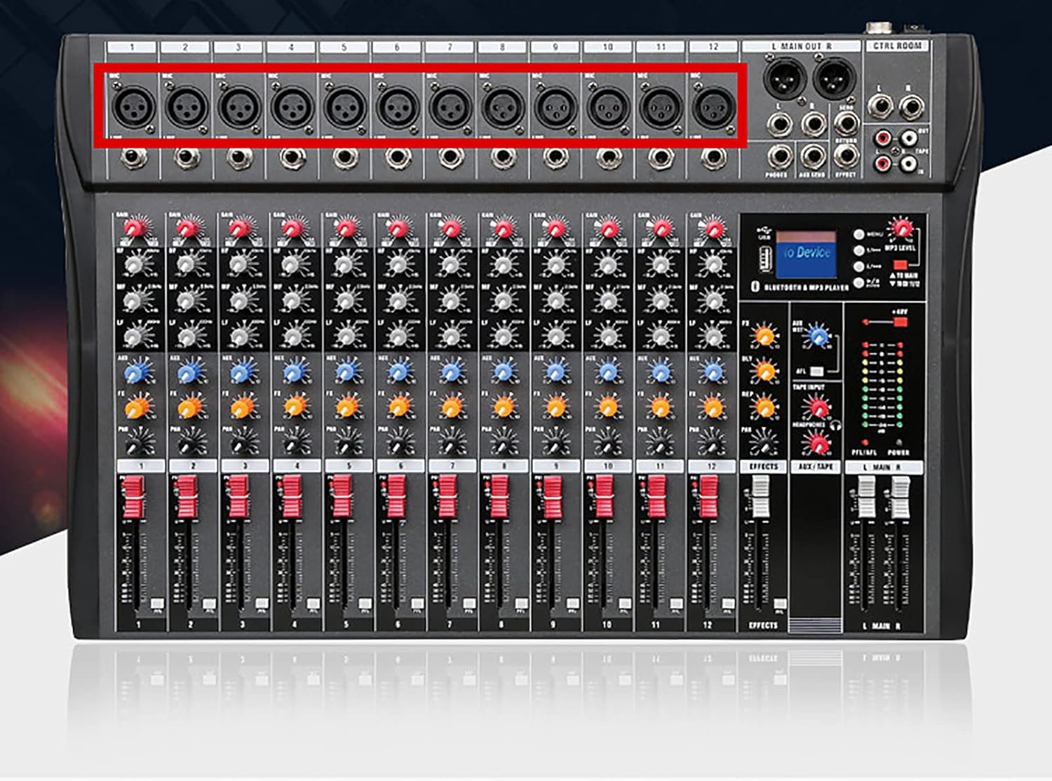 12 Channel Audio Mixer, Professional Live Studio Audio Mixer with Bluetooth USB PC Recording Input, Mixing Console Amplifier Studio, Black