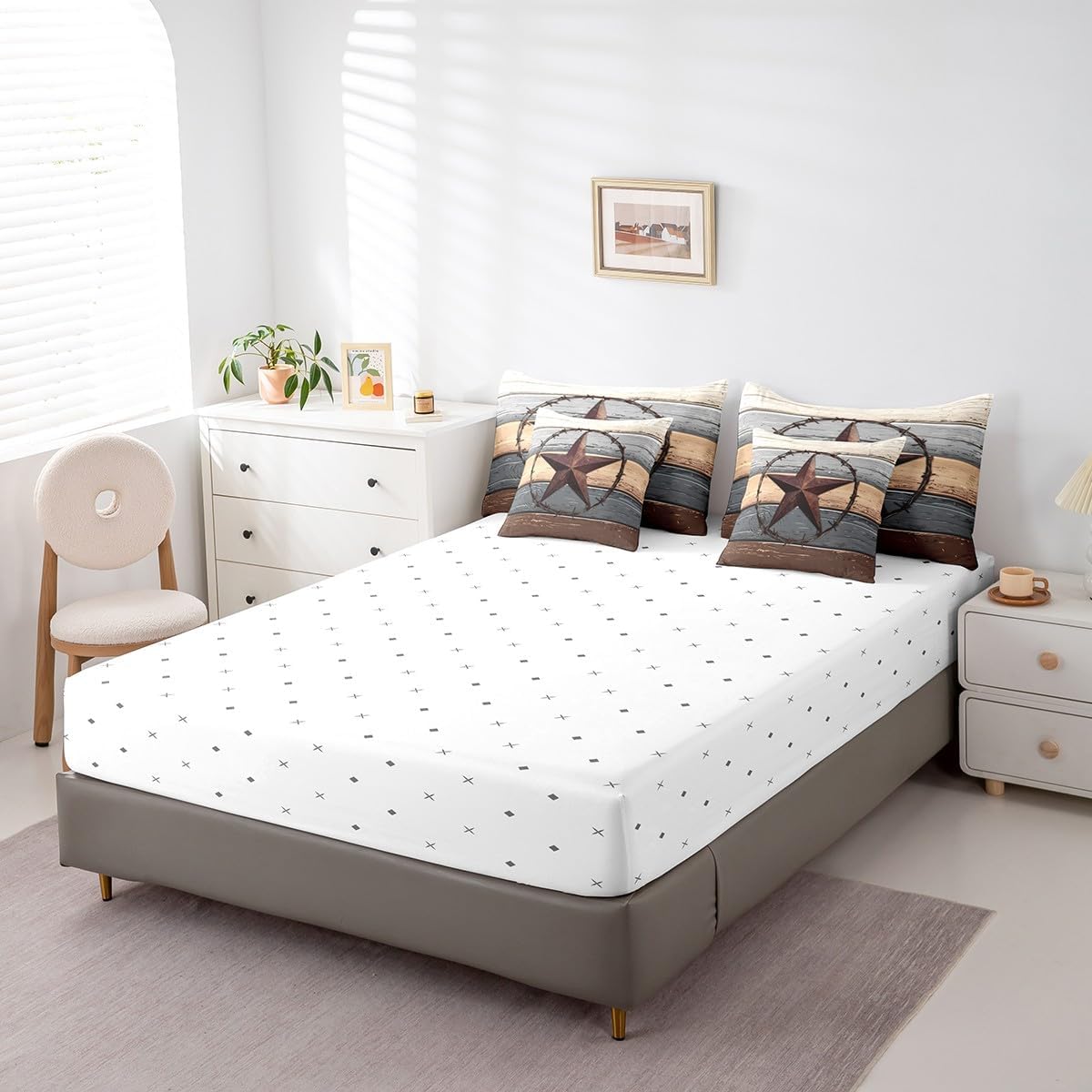 7pcs Western Texas Star Comforter Set Twin, Brown Grey Wooden Plank Bed Set for Kids Boys, Rustic Farmhouse Cowboy Bedding(1 Comforter,1 Fitted Sheet,1 Flat Sheet,2 Pillowcases,2 Throw Pillow Cover)