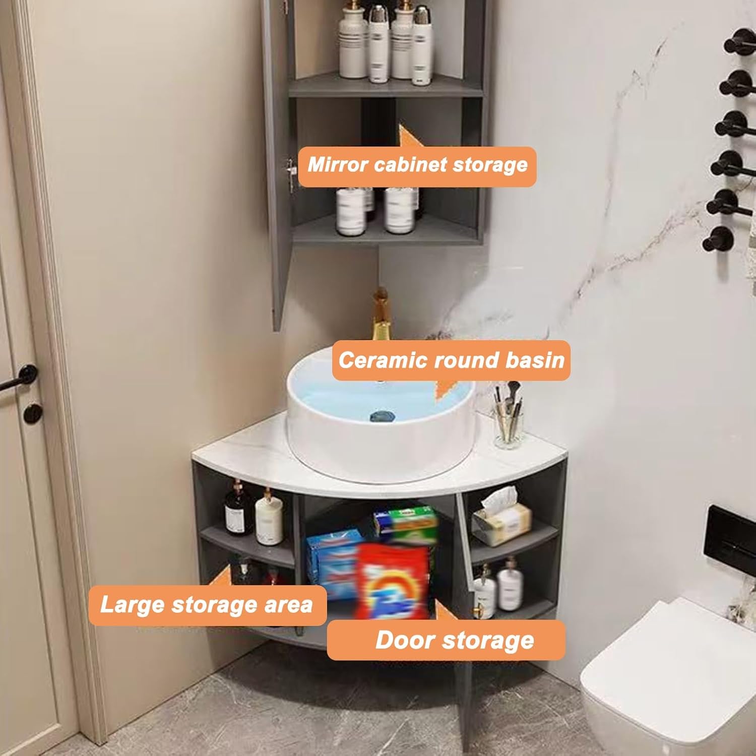 20 Inch Corner Sink, Corner Bathroom Sink, Corner Wall Mount Bathroom Sink, Corner Bathroom Vanity, Bathroom Sink with Storage Container and Mirror, Ceramic Sink(Gray)