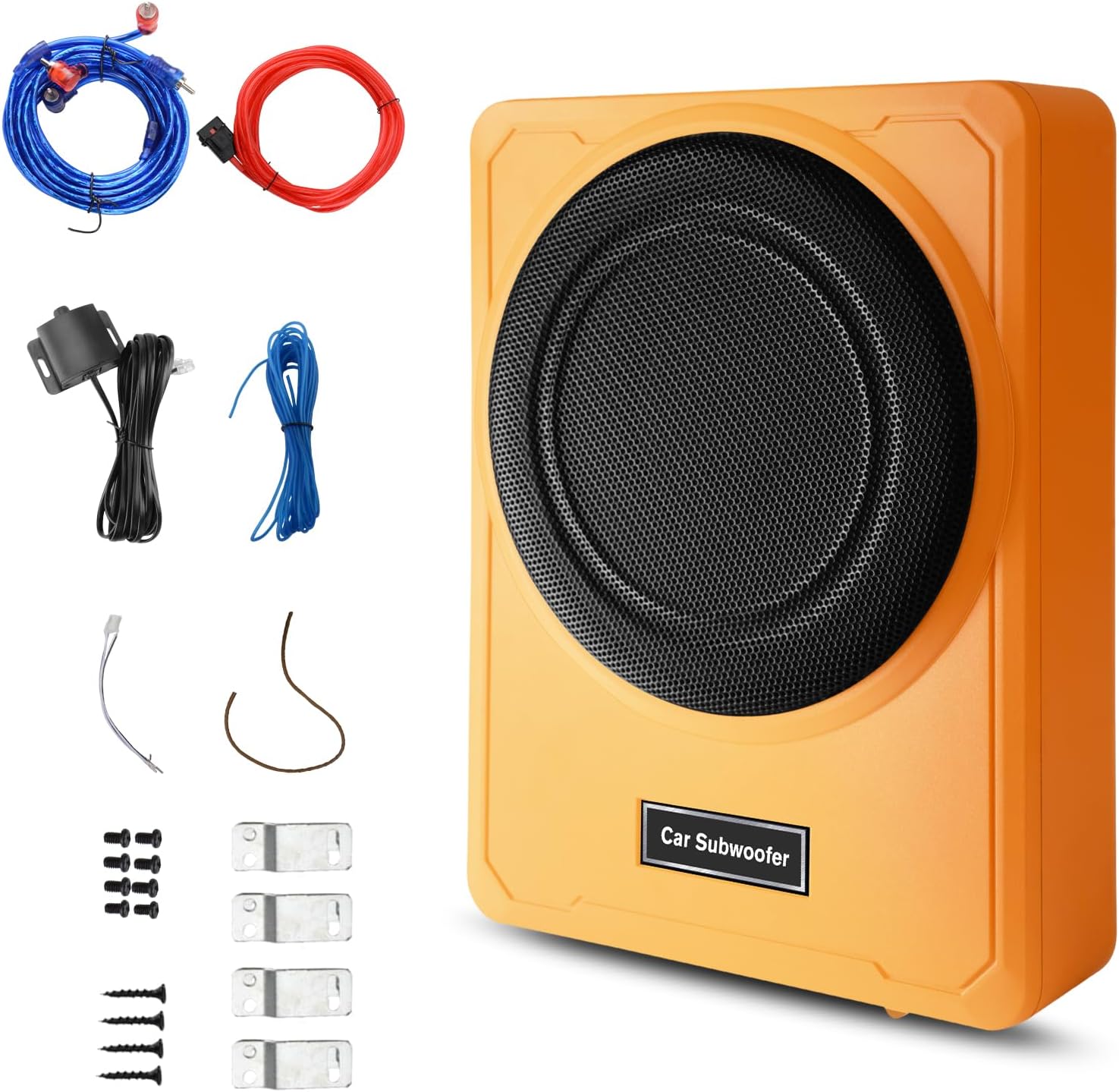 Junsun Slim Under-Seat 10″ 800W Powered Car/Truck Subwoofer & Amp Combo – 220W RMS, Built-in Amplifier, High/Low Input, with Wire Mounting Kit (Vibrant Orange)