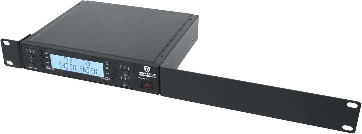 Rockville RWM-DSP-H2 Dual Handheld UHF Wireless Microphone System, DSP Control, Adjustable EQ, Delay, Feedback Filter, OLED Display, 200 Channels, 400-600 ft Range, Includes 2 Mics & Rack Mount