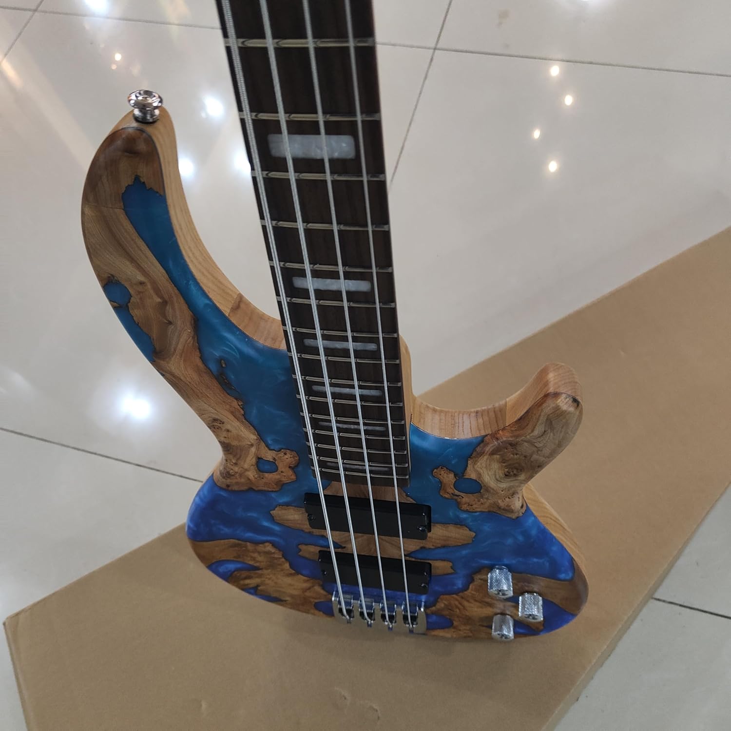 Electric Bass Guitar with Blue Epoxy and Natural Wood Design, 4-String, Chrome Hardware