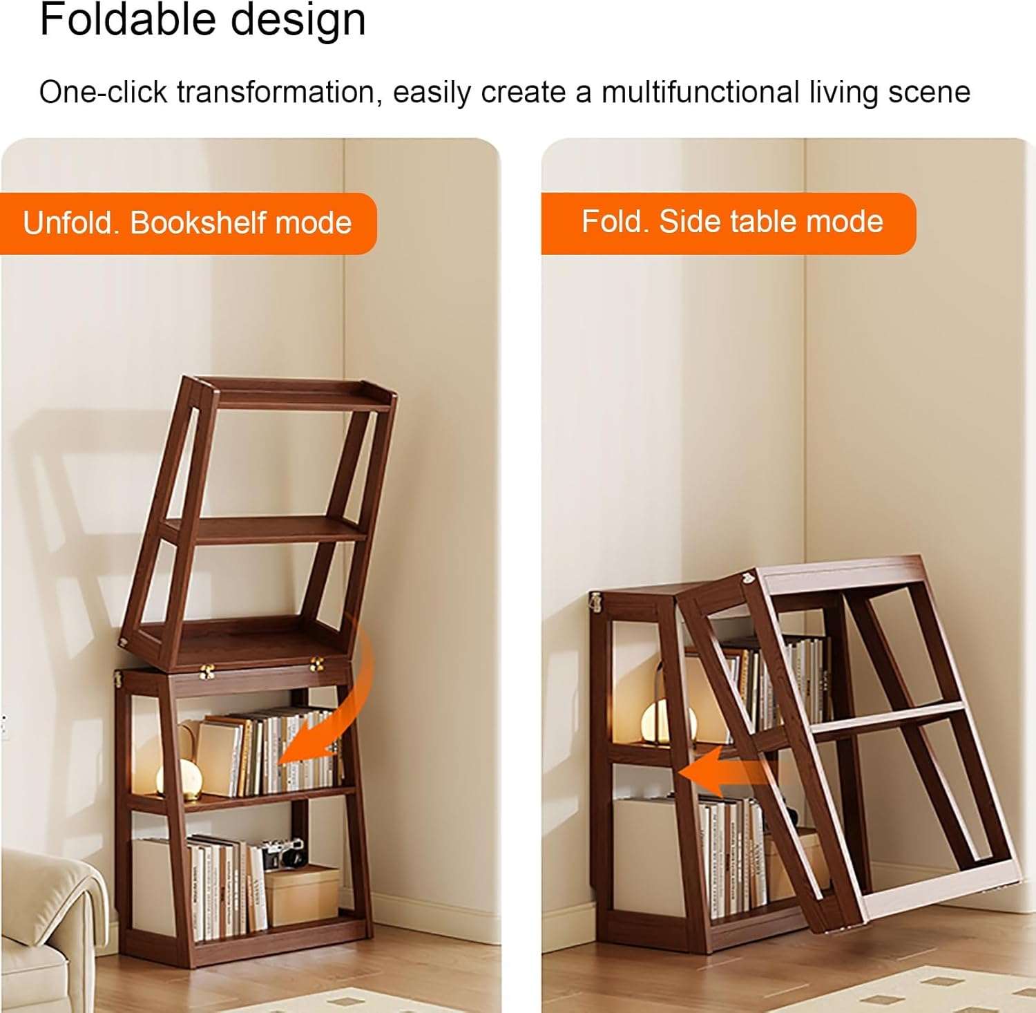 Bookcase with Foldable, Vertical Bookshelf, Modern Floor Standing Display Rack, Solid Wood Storage Organizer, for Home Office, Living Room, Bedroom(Brown)