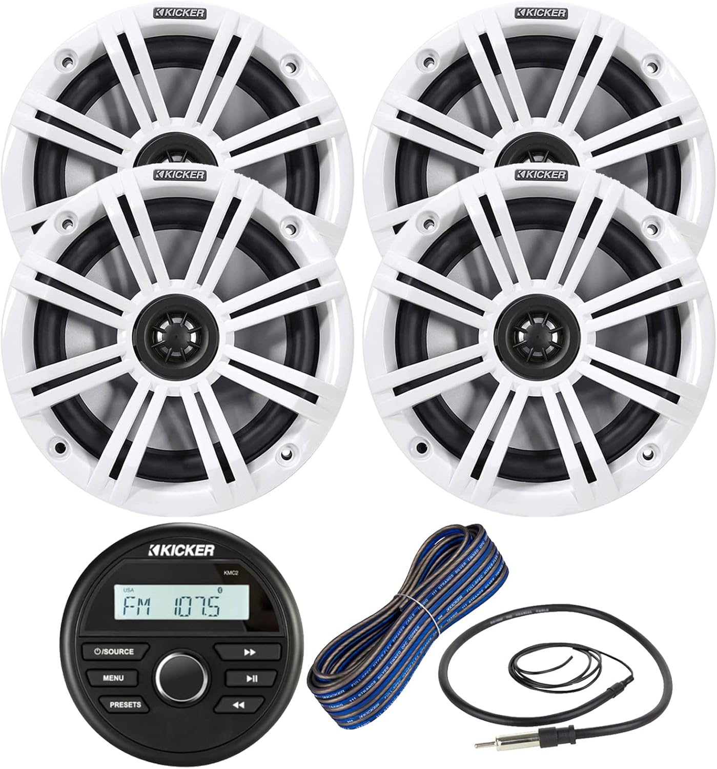 Kicker All-Weather Marine Gauge Style Bluetooth USB Stereo Receiver Bundle Combo with 2 Pair (Qty 4) 6.5