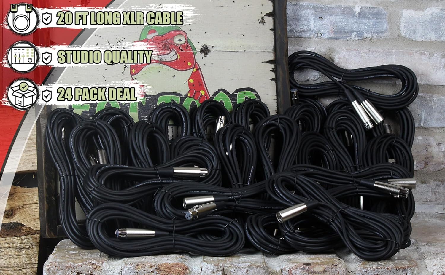 Fat Toad 20ft XLR Microphone Cables (ShieldedPRO X Series) 24 Pack – Balanced Lo-Z Mic Audio Cords, 24 AWG Wire Shielded for Studio, Mixer, DMX Use