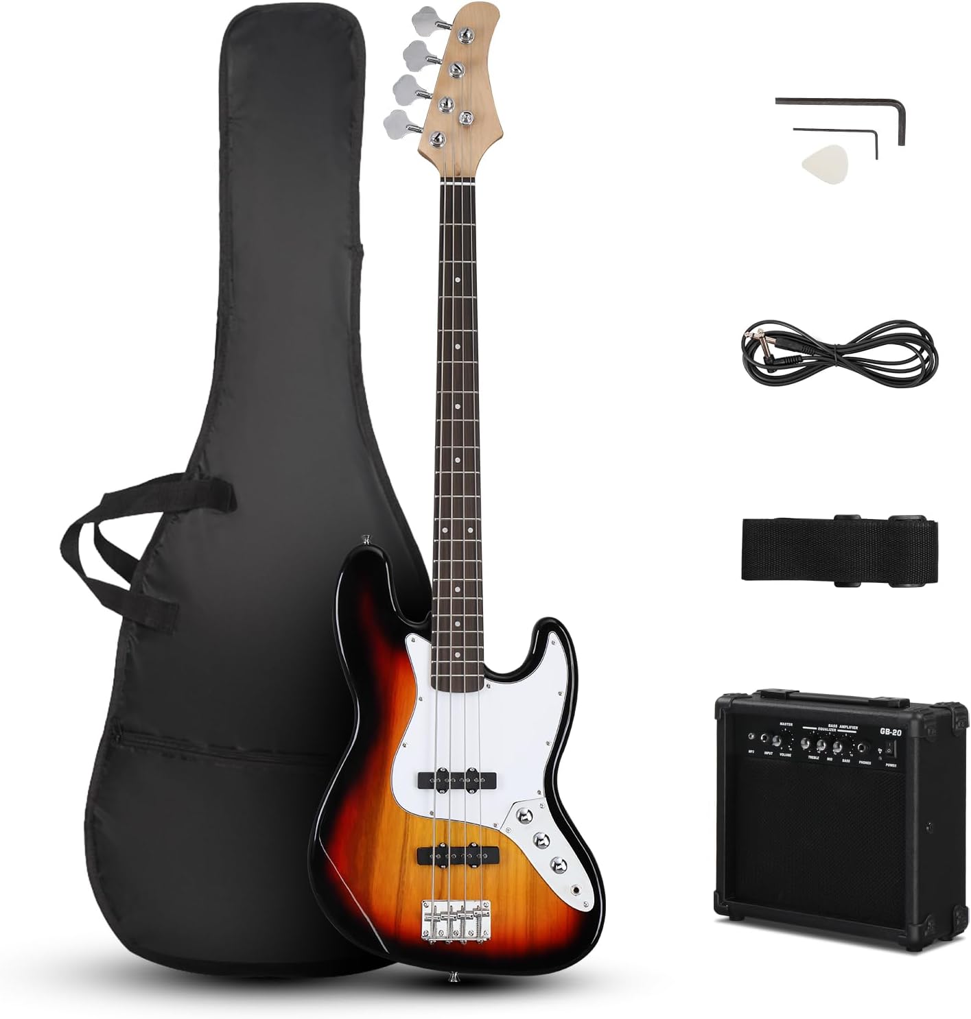 Ktaxon Electric Bass Guitar with 20Watt Amplifier, 4 String Right Handed Electric Bass Kit for Beginner & Professionals W/a Bag, Shoulder Strap, Guitar Pick, Wrench Tool(Brown Sunburst)
