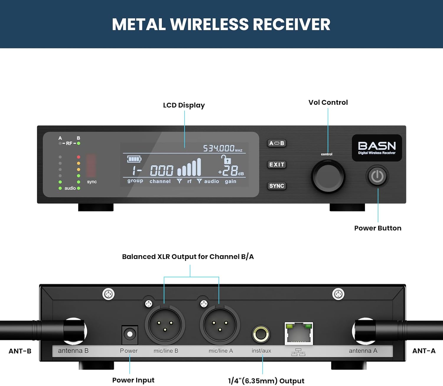BASN UHF Dual Channel Wireless Microphone System, Handheld Mics for Stage, Karaoke, Weddings, DJ, and Events (Black)