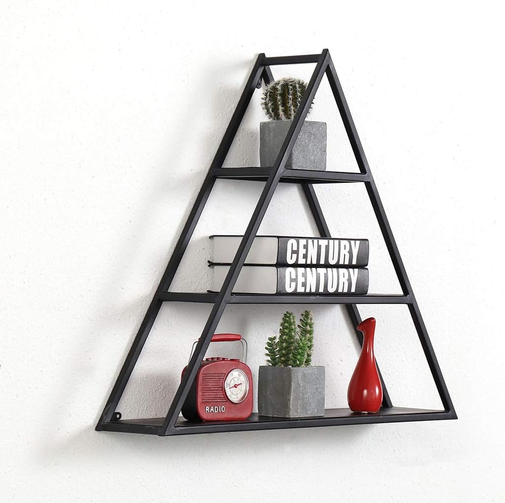 JHSLXD Retro Wrought Iron Shelf Creative Triangle Wall Mount Living Room Bedroom Flower Stand Background Wall Decorative Shelf,Black