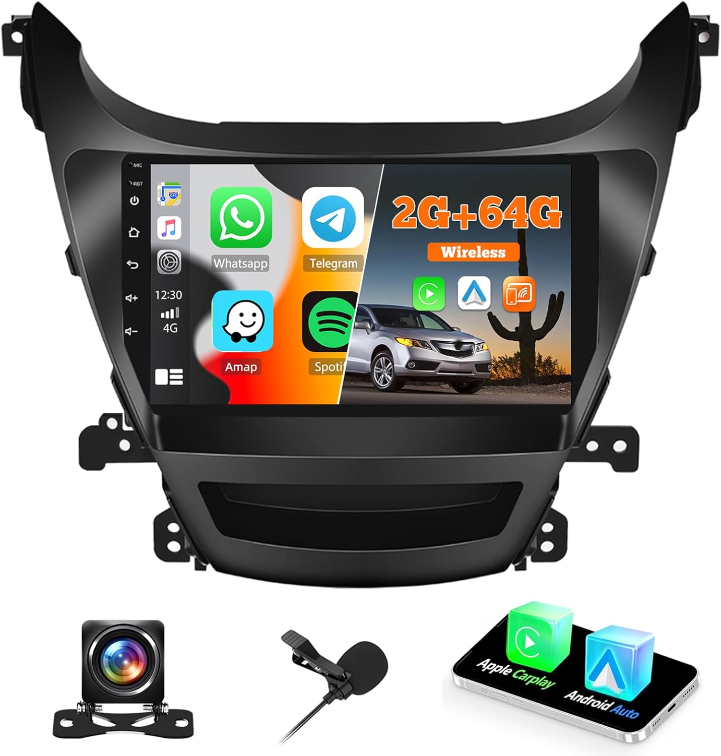 2+64GB Android Car Stereo for Hyundai Elantra 2014-2016 Wireless Carplay Android Auto, 9 Inch Touchscreen Car Radio GPS Navi WiFi Bluetooth Backup Camera FM RDS Radio EQ SWC