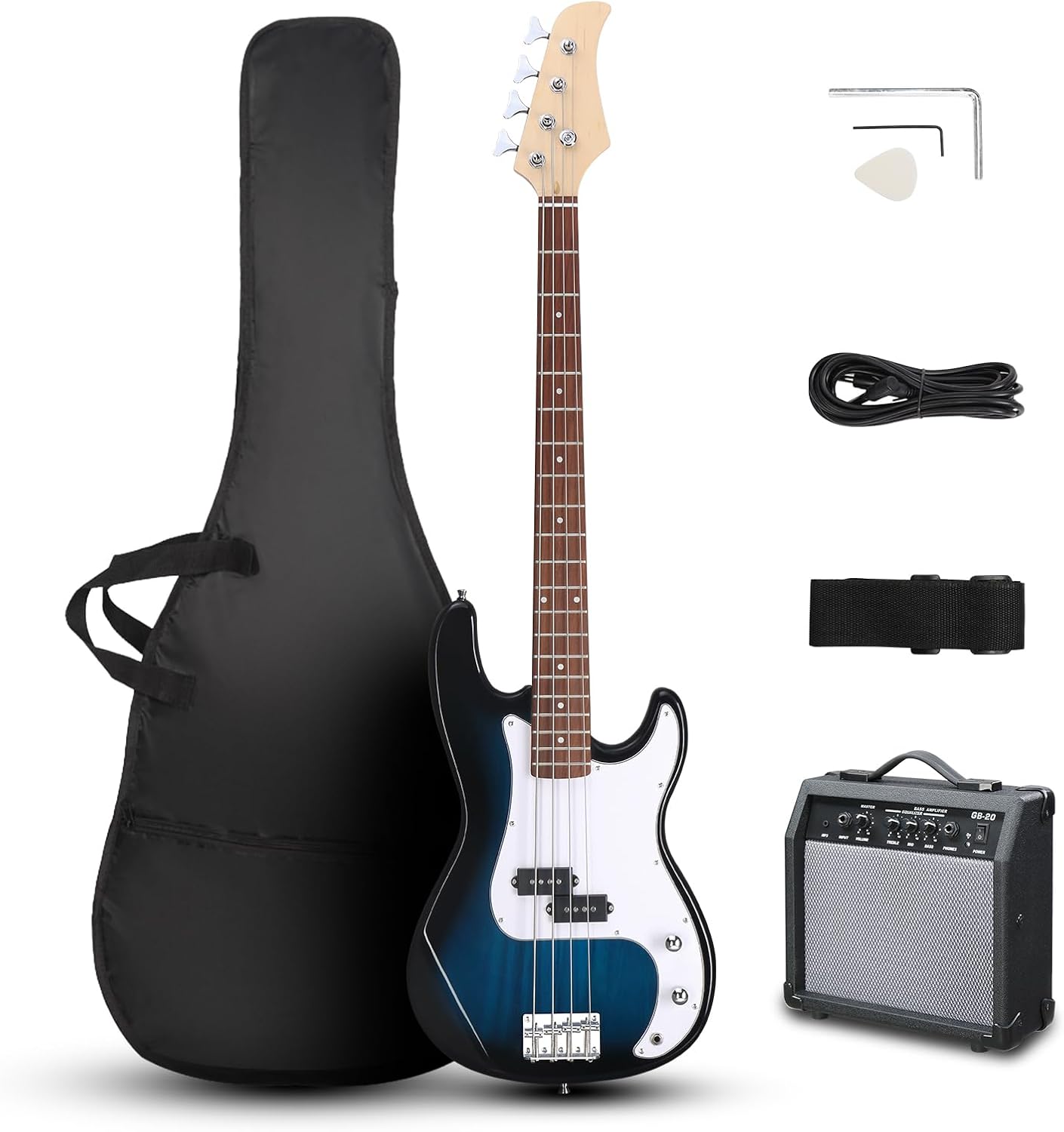 Ktaxon Electric Guitar 4 String Bass Guitar Kit with Paulownia Body, Solid Rosewood Fingerboard & Split Single-coil Pickups Includes 20W Amp, Cable, Strap, Pick and Wrench(Blue)