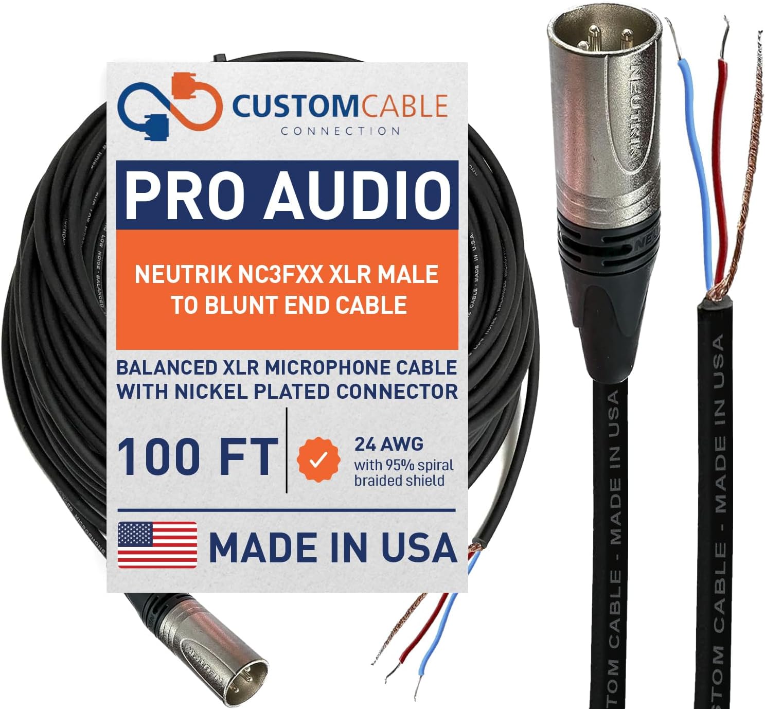 Custom Cable Connection 100 Foot Pro-Audio Balanced Microphone with Neutrik NC3MXX XLR Male Connector to Blunt end Cable