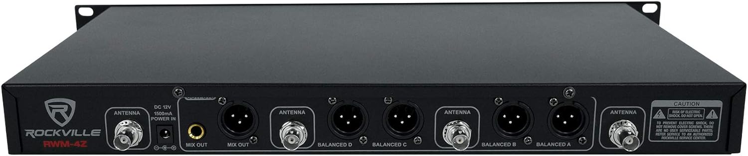 Rockville RWM-4Z Quad Wireless UHF Handheld/Headset Microphone System (4 Mics), 20 Adjustable Frequencies, LCD Display, Metal Build, for Karaoke and Live Events