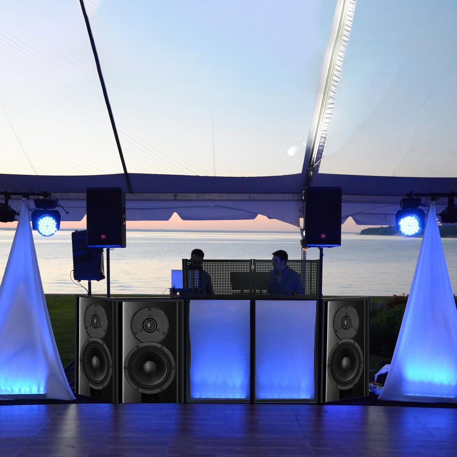 Foldable DJ Event Flat Table Top, 40 * 40 * 20 Inches Portable DJ Facade Booth DJ Facade Table Station with White & Black Scrim