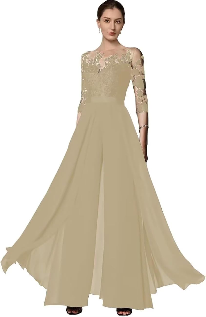 2 Pieces Mother of The Bride Pant Suits - Flowy Chiffon Lace Formal Wedding Guest Jumpsuits 3/4 Sleeve