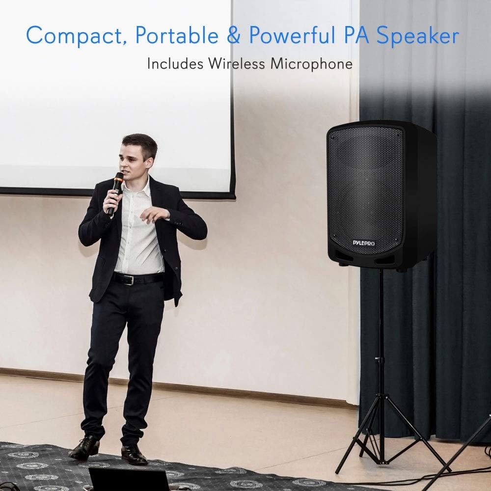 Pyle Portable Bluetooth PA Speaker System - Indoor Outdoor Karaoke Sound System w/Wireless Mic, Audio Recording, Rechargeable Battery, USB/SD Reader, Stand Mount, for Party, Crowd Control - Pyle