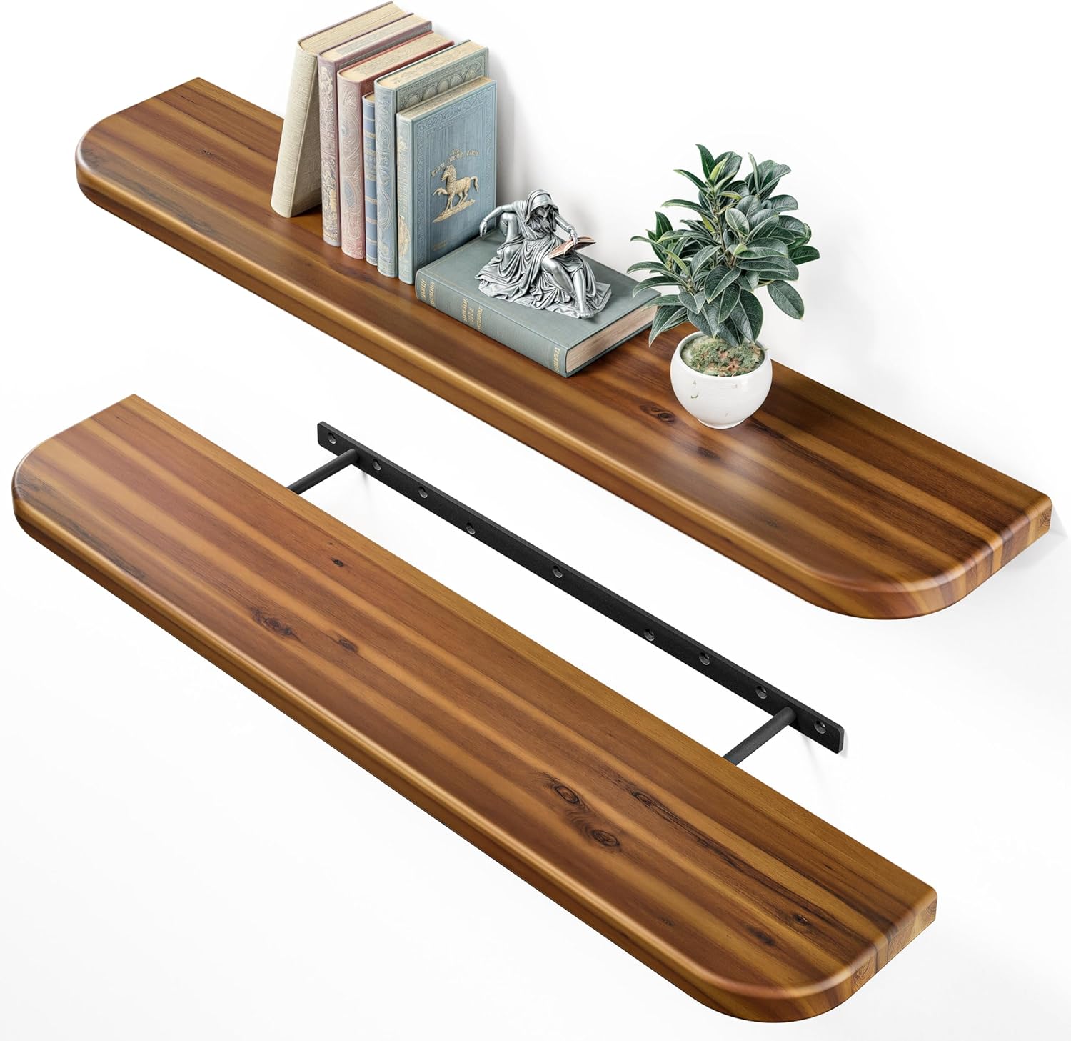 BATODA Set of 2 36” Acacia Floating Shelves for Wall (Round Edge) - Floating Bookshelf Wall - Storage Wood Shelves for House Decor, Kitchen, Bathroom - Brackets and Hardware Included (Walnut Color)