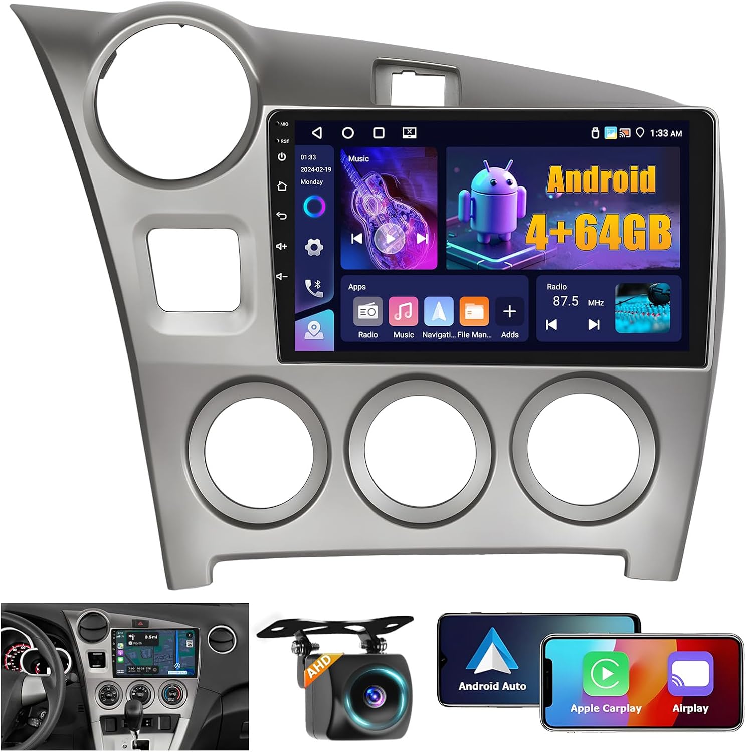 5G WiFi 4+64GB Android 15 Car Stereo for Toyota Matrix 2009-2014 Wireless Carplay Android Auto, 9'' Touch Screen Car Radio GPS, Bluetooth Audio Receiver, FM RDS, SWC, Backup Camera