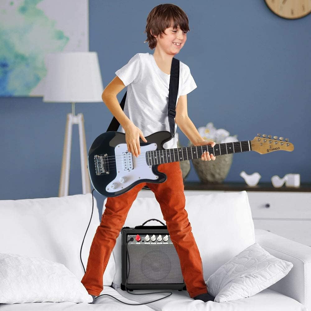 Black 30 Inch Kids Electric Guitar Beginner Kit, Set Includes 20W Amplifier 3 Picks, Shoulder Strap, Tuner, Bag Case