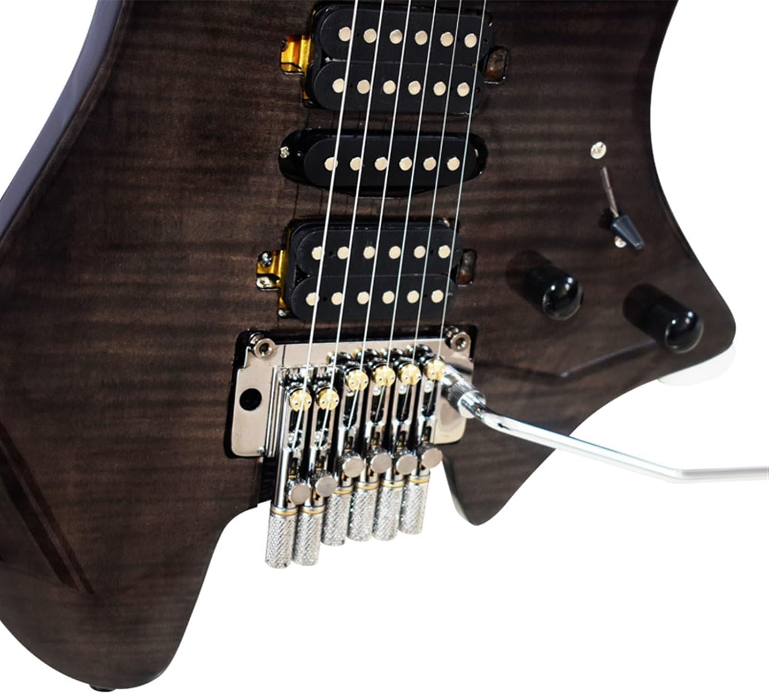 VENEKA Headless Electric Guitar Black 6-String Headless Electric Guitar Ash Wood Body Maple Neck and Fretboard with Tremolo