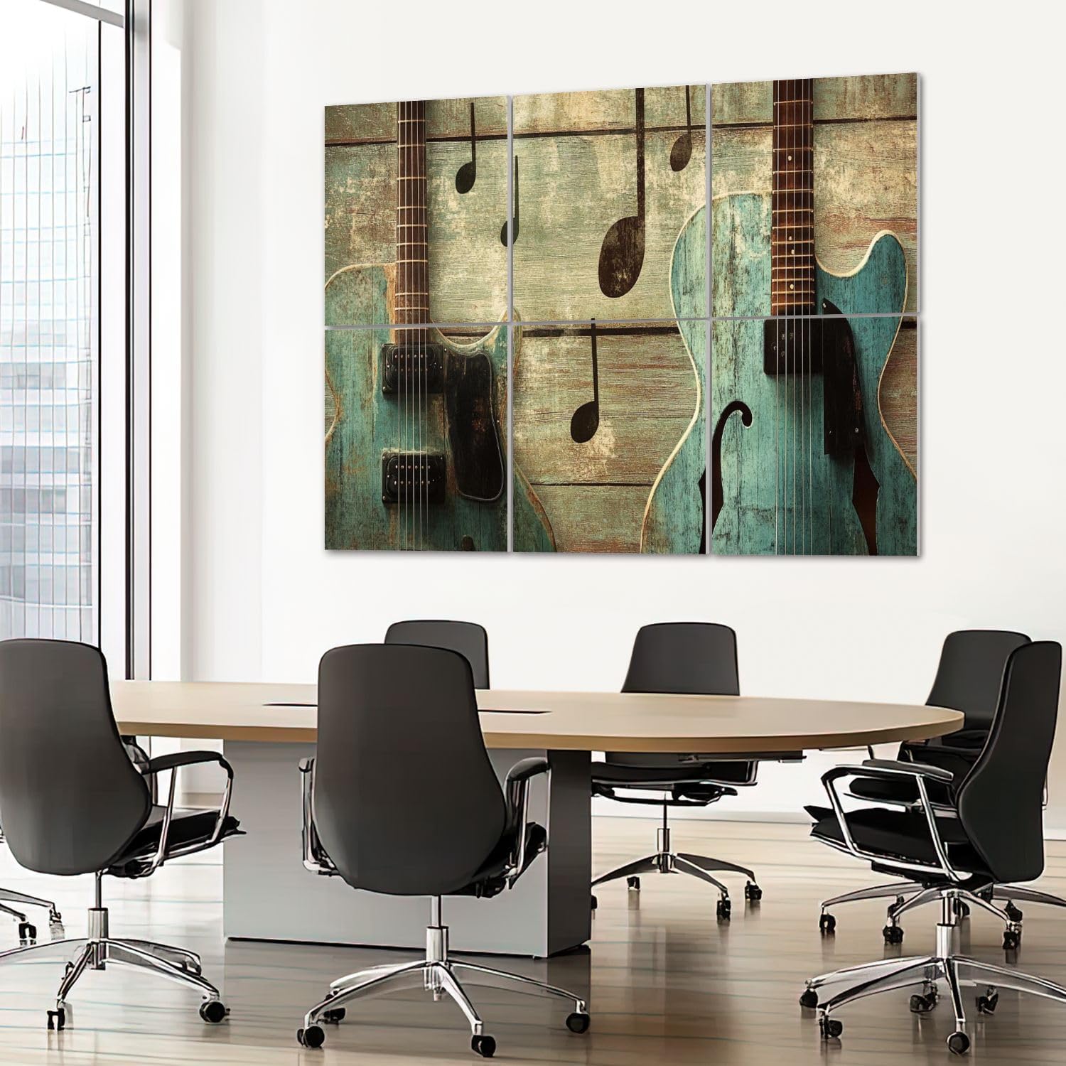 6 Pack Art Acoustic Panels Sound Absorbing Modern Blue Guitar Musical Themed Electric Guitars Notes Wooden Decorative Soundproof Wall Panels Self Adhesive for Recording Studios Office 72