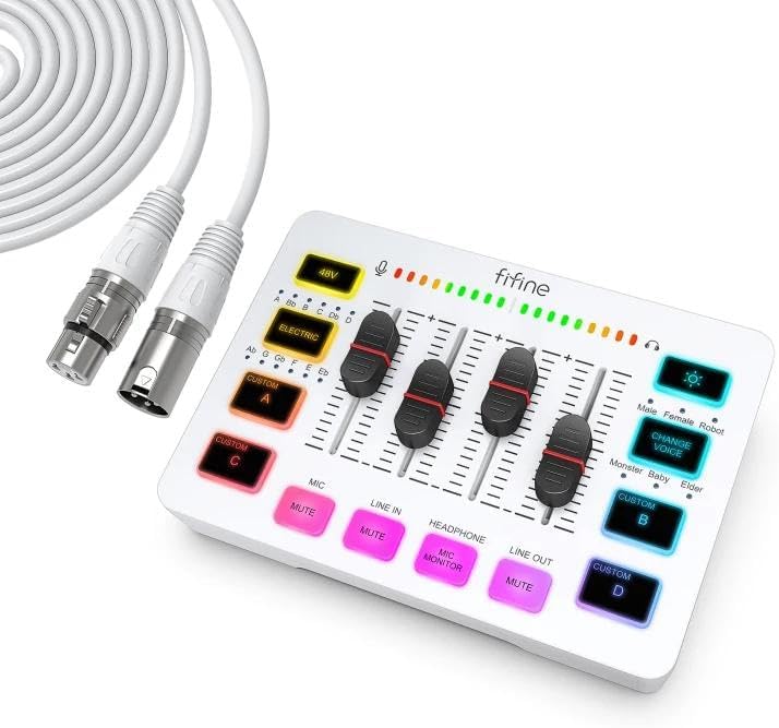 FIFINE Gaming Streaming Set with PC Audio Mixer and 10ft White XLR Mic Cable, Studio-Quality Audio Setup XLR Microphone Interface & Male to Female Cord for Podcasting/Streaming (SC3W+L9W)