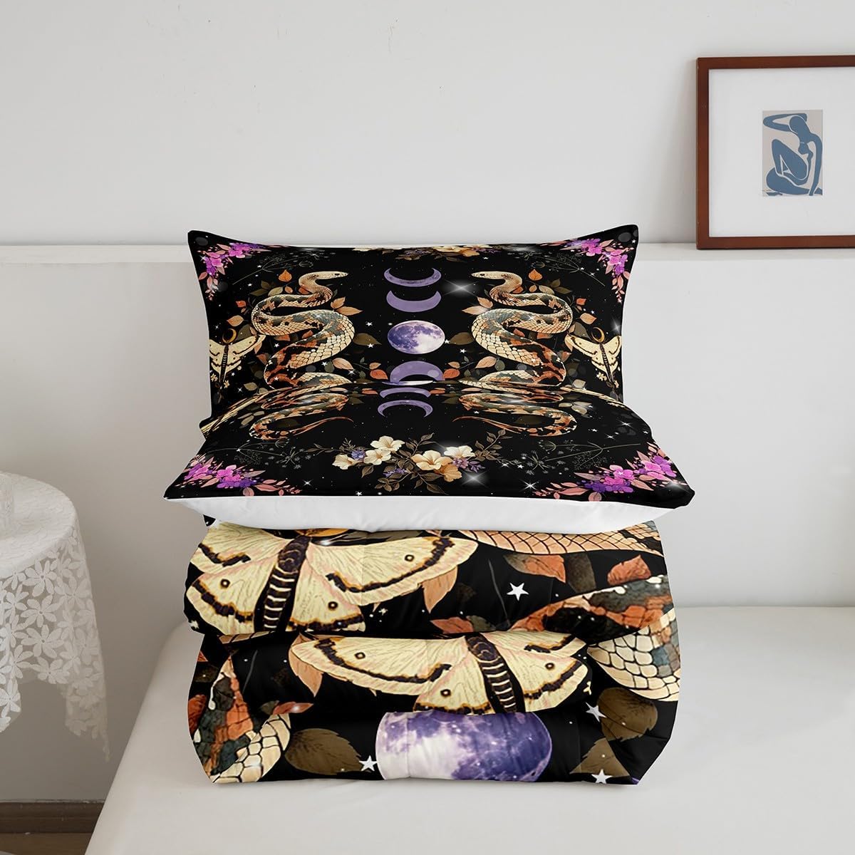 Gothic Snake Moth Comforter Set King Size,Purple Moon Stars Galaxy Boho Bedding Set All Season Quilt Set,Wild Animal Flowers Leaves Black Microfiber Polyester Down Comforter
