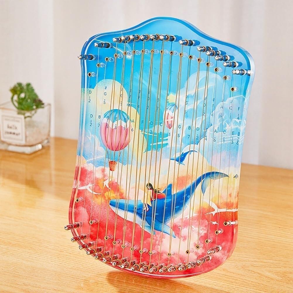 Mini Lyre Harp with Whale Pattern, Fingerpicking String Instrument, Metal Strings Acrylic Thumb Piano with Tuning Wrench(Color:Black,Clear,Copper)