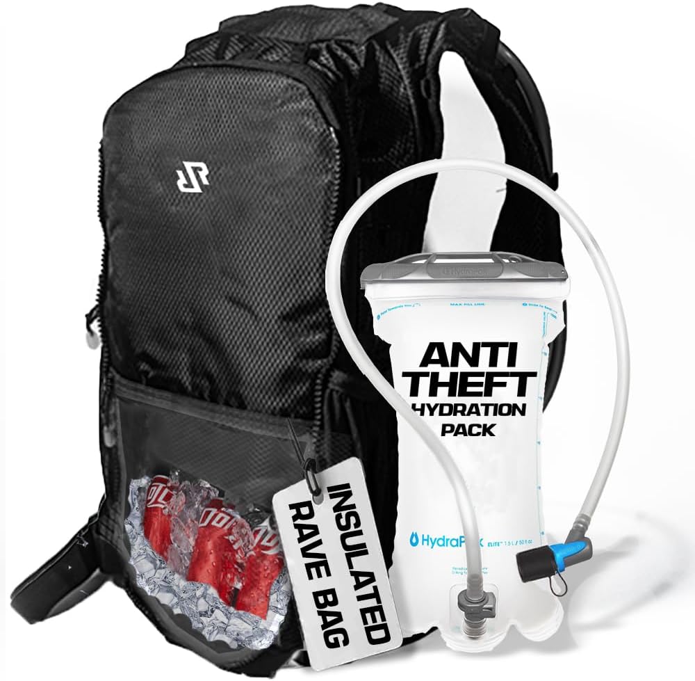 RAVERUNNER® Anti-Theft Hydration Backpack | Festival Approved Rave Backpack for Concert Goers, Leak-Free Festival Water Backpack for EDC, Rave Hydration Pack