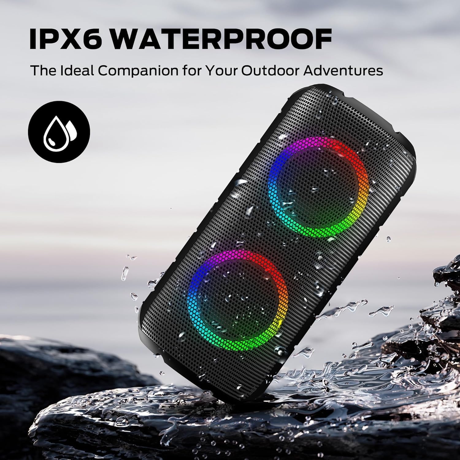 BUGANI Luster Bluetooth Speakers, Portable Wireless Stereo Speaker with Colorful Lights, Loud Sound, Bluetooth 5.3, 24H Playtime, IPX6 Waterproof, AUX-in, for Home/Outdoor/Camping/Beach