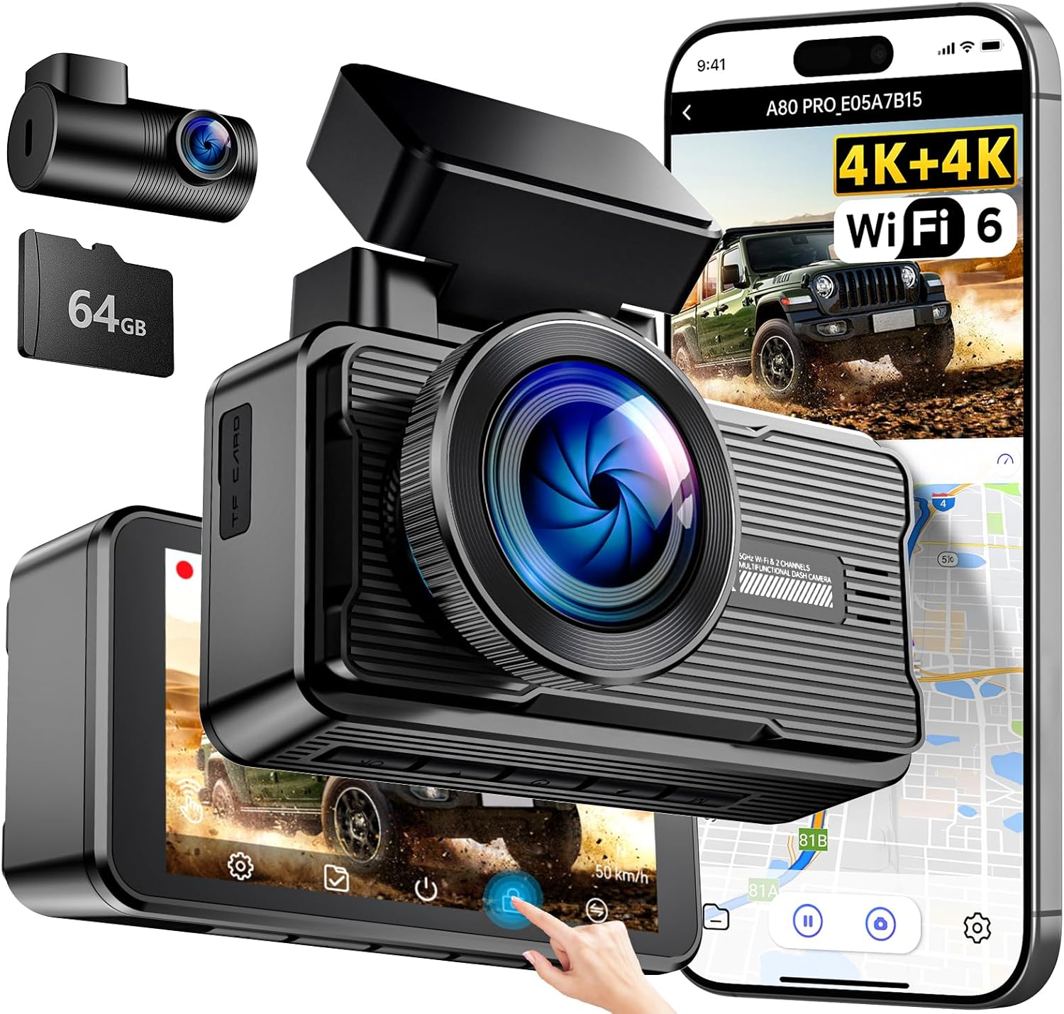 JOMISE 4K+4K Dash Cam Front and Rear, 20 Mbps+ Ethernet Transfer & Stable WiFi 6, Touch Screen Dash Camera for Cars with GPS, G-Sensor,Night Vision, 24H Parking Mode, Support 1TB(A80 Pro)