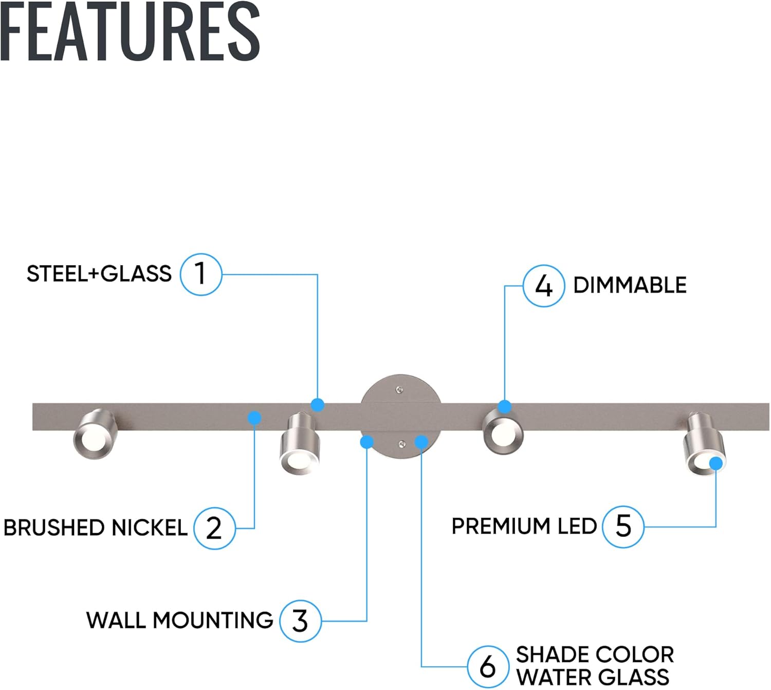 LEDMyplace 28W LED 4-Track Light, Flexible Rotatable Head, Steel & Clear Glass Lens Brushed Nickle Finish, Wall Mount Dimmable Ceiling Spot Lighting Kit for Accent Task Kitchen (3000K Warm White)
