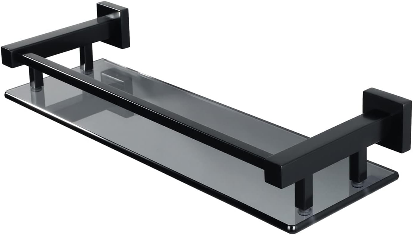 GLigeT Bathroom Organiser Bathroom Glass Shelf Aluminum Tempered Glass Thick Rectangular 1 Tier Storage Organizer Wall Mount Glass Floating Shelves Shower Shelves (Color : Matte Black)
