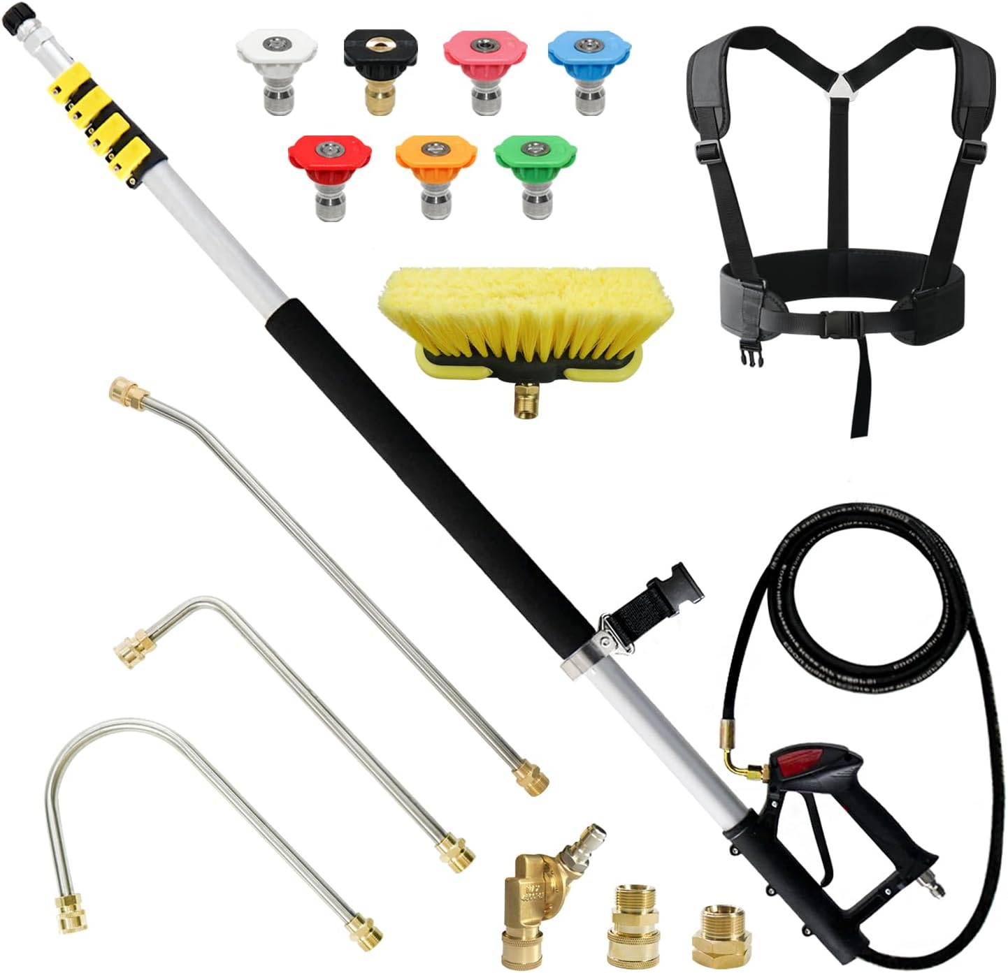 JANZ 24 FT Pressure Washer Telescoping Wand with Power Washer Extension Wands, Brush Head, Gutter Cleaner, 7 Spray Nozzle Tips, 2 Hose Adapters and Support Belt TW-004