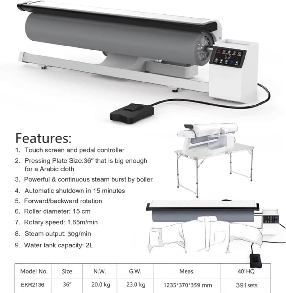 Commercial Rotary Ironing Machine, 36 Inch Steam Press for Efficient Laundry Care, Perfect for Pillowcases and Napkins
