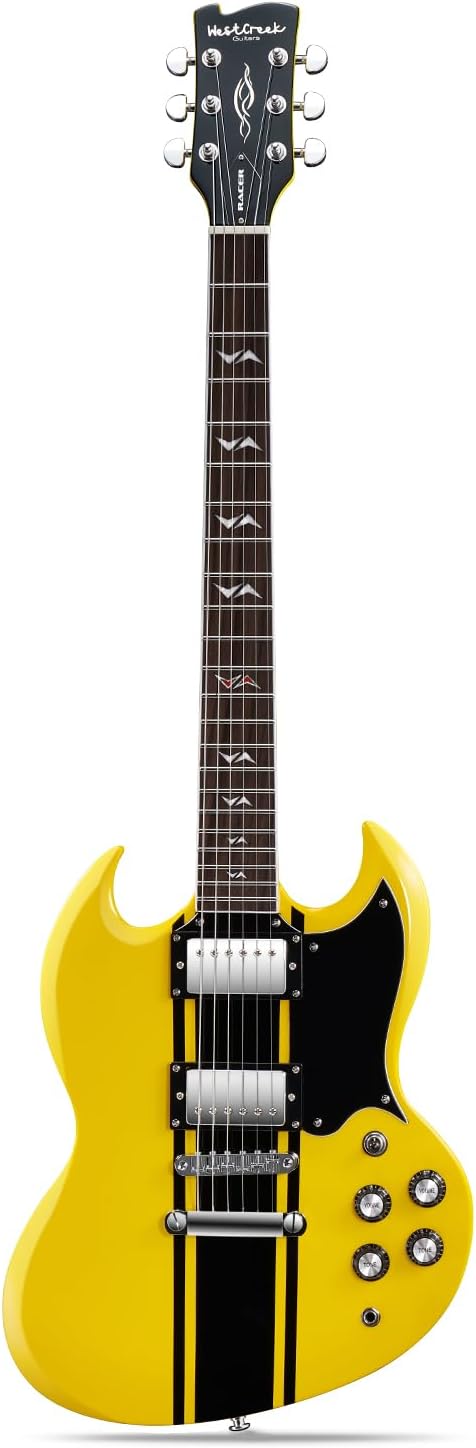 WestCreek RACER Solid Body Electric Guitar, Double Cut guitar, Rounded End Frets, Bone nut, Rosewood Fingerboard, Mahogany Body (Bumble-B)