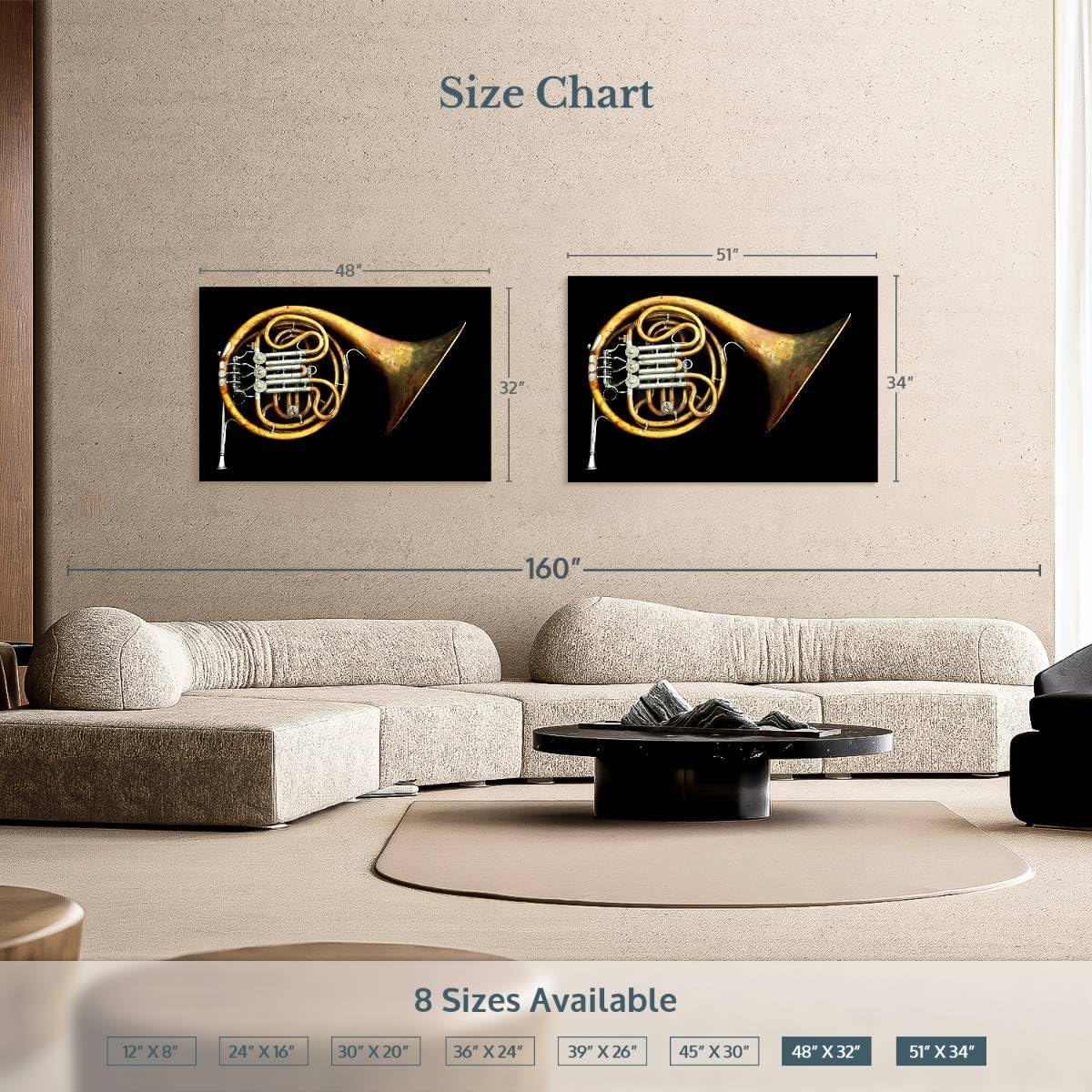 ElephantStock - Vintage French Horn Wall Art - Horizontal Canvas Wall Art - Living Room Wall Decor - Photography Music Canvas Art - Black And Gold Decor - 51